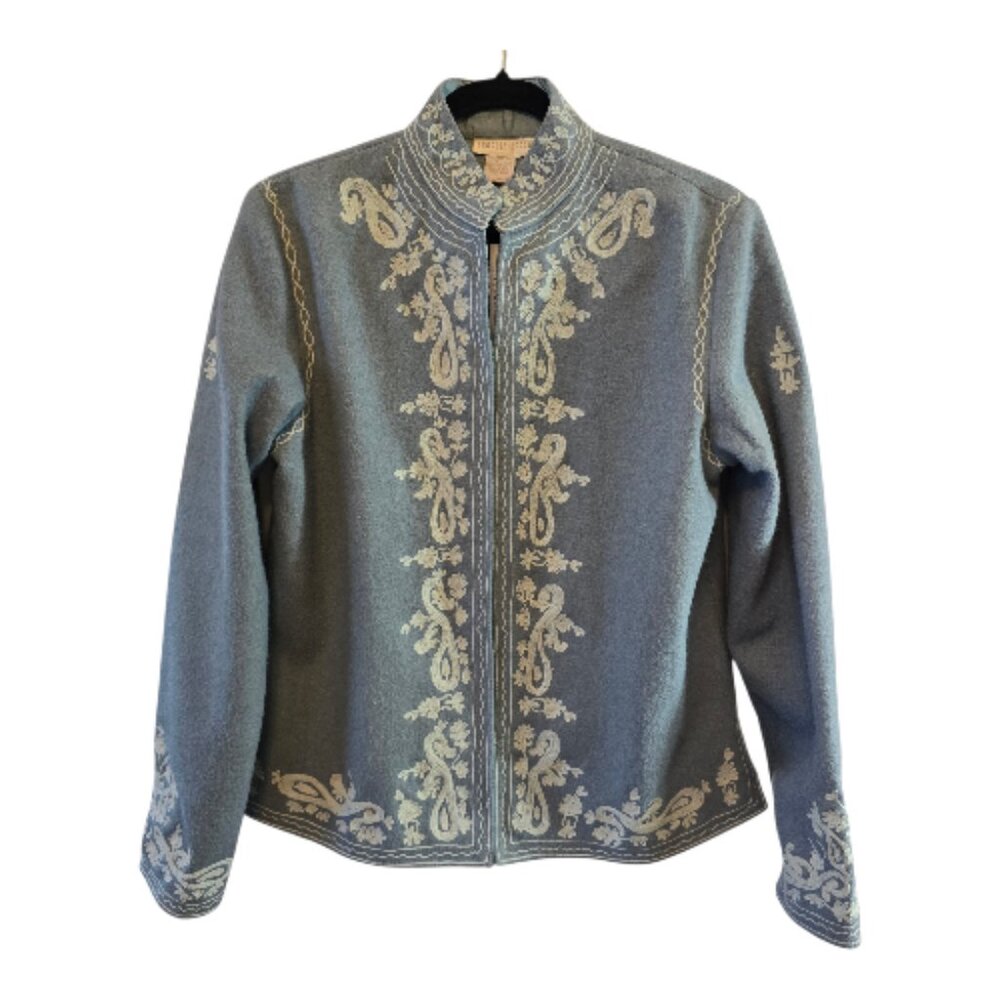 CHARLES REITH MEDIUM WOOL BLEND WHITE PAISLEY SCROLL LIGHT BLUE GREY ARTSY NWT